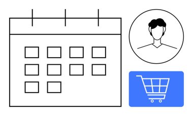 Tarihli takvim, kullanıcı profili ve alışveriş arabası simgesi. Zaman yönetimi, e-ticaret, kullanıcı kişiselleştirme, planlama, dijital etkileşim alışverişi için ideal. Düz basit metafor