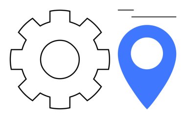 Vites çizgisi ve mavi lokasyon şifresi işlem otomasyonunu, sistem ayarlarını, navigasyonu ve hedef noktasını gösteriyor. Teknoloji, lojistik, yönetim, strateji ve iş akışı için ideal