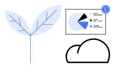 Yaprak filizi büyümeyi sembolize eder. Finansal analizi gösteren grafikler çizelgesi, teknoloji entegrasyonu için bulut. Sürdürülebilirlik, yenilik, finans, eko-teknoloji, veri güdümlü kararlar için ideal