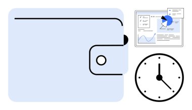 Cüzdan, veri analizi gösterge paneli ve mali yönetimi temsil eden saat, zaman izleme, bütçe hesaplaması, gider analizi, verimlilik, karar verme ve tasarruf stratejileri. Basit için ideal