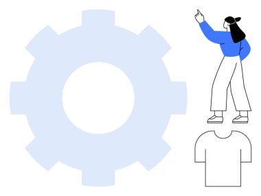 Düz tişört çiziminin yanında, büyük boy viteste el kol hareketi yapan bir kadın, yenilik ve tasarımı vurguluyor. Takım çalışması, yaratıcılık, ürün geliştirme, giyim tasarımı, işlevsellik, yenilik, düz