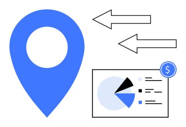 Mavi yer belirleme işareti, hareketi gösteren oklar, veri analizli pasta tablosu ve finansal dolar sembolü. Lojistik, analitik, pazarlama, karar verme, yer belirleme finansmanı için ideal