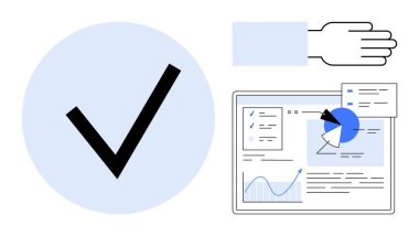 Büyük kontrol işareti, el hareketi, grafikli gösterge paneli ve pasta grafiği. Analiz, karar verme, ilerleme izleme, proje onayı, veri görselleştirme, takım çalışması basit iniş sayfası için ideal