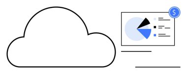 Analitik gösterge paneline bağlı bulut şekli. Pasta grafiği, çizgiler ve dolar sembolüyle. Bulut hesaplama, veri analizi, finans, teknoloji, iş büyümesi, dijital ekonomi için ideal