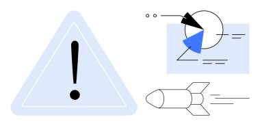 Üçgende ünlem işareti, oklu pasta tablosu ve hareket halindeki roket. Uyarı, veri analizi, yenilik, iş stratejisi, acil risk yönetimi ilerlemesi için ideal. Düz basit metafor