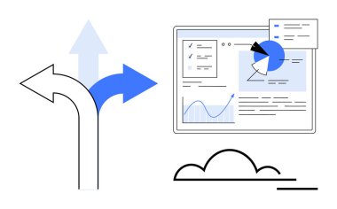 İş görüşleri için grafik, grafik ve analizlerle dolu bir gösterge panelinin yanında farklı yollara dallanan mavi oklar. Planlama, strateji, analiz, seçenekler, karar verme süreci için ideal