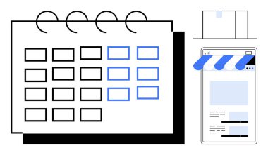 Akıllı telefonun yanındaki işaretli tarihli takvim bir tentenin altında çevrimiçi bir mağazayı gösteriyor. Planlama, randevular, çevrimiçi alışveriş, e-ticaret, dijital araçlar, mobil teknoloji, düz basit