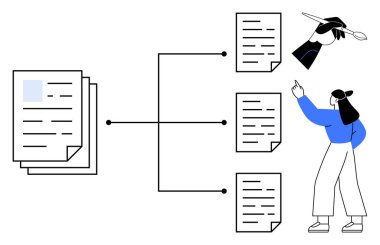 Bireysel sayfalara satırlarla bağlanan kağıt yığını, kalemle gösterilen kişinin rehberliğinde. İşbirliği, planlama, takım çalışması, iş akışı, organizasyon, heyet, üretkenlik için ideal