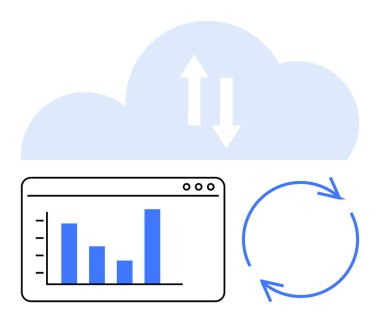 Yukarı ve aşağı okları olan bulut, tarayıcı arayüzünde bar çizelgesi, verileri senkronize eden dairesel oklar. Bulut hesaplama, analitik, veri alışverişi, teknoloji, otomasyon için idealdir.