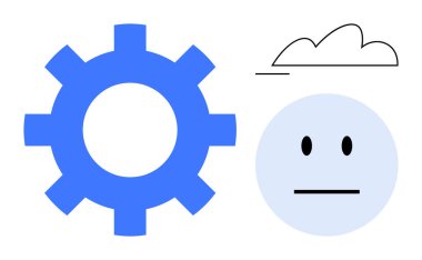 Tarafsız yüzün ve çizilmiş bulutun yanında büyük mavi dişli. Teknoloji, ruh hali, minimalizm, problem çözme, yenilik, basitlik, soyutlama için ideal. Düz basit metafor