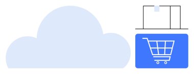 Mavi alışveriş arabasını ve teslimat kutusunu bağlayan bulut, e-ticareti, online alışverişi ve dijital perakendeciyi sembolize ediyor. Teknoloji, iş, yenilik, lojistik, ekomünikasyon yönetimi dairesi için ideal