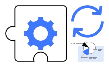 Dairesel okları ve veri grafiği olan yapboz parçaları otomasyon, bağlantı ve veri güdümlü yenilik sürecini ön plana çıkarır. İş akışı, eşzamanlama, yapay zeka, takım çalışması, güncellemeler, sistem için ideal
