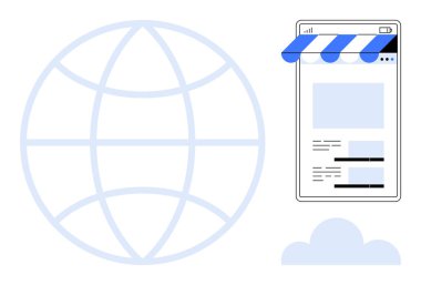 Mobil vites, tente, web tarayıcı arayüzü ve küresel ağ ve bulut ile yan yana. E-ticaret, çevrimiçi ticaret, küresel erişim, teknoloji, dijital pazarlama, bulut çözümleri, yenilik için ideal