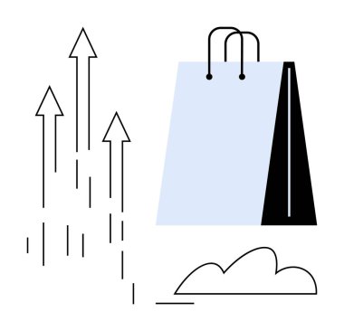 Yukarı bakan oklar ve minimalist bir bulutun yanında alışveriş torbası. Perakende büyüme, e-ticaret, iş stratejisi, pazarlama, müşteri davranışı, çevrimiçi alışveriş eğilimleri, düz basit metafor