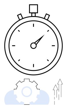 Keskin iğneli kronometre, iş akışını sembolize eden dişliler, ilerleme için yukarı doğru oklar. Zaman yönetimi, verimlilik, verimlilik, zamanlama, hedef belirleme iş akışı için idealdir. Düz