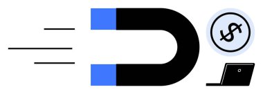 Büyük mıknatıs dolar işareti ve dizüstü bilgisayar çekiyor, müşteri çekimini sembolize ediyor, çevrimiçi karlılık, lider nesil ve pazarlama stratejileri. İş, finans, e-ticaret, pazarlama için ideal