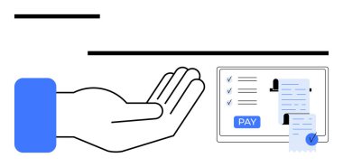 Dokunmatik ekranın yanında fiş ve ödeme düğmesi ile uzatılmış, ödeme onayını sembolize eden kene izleri. Finans, e-ticaret, işlemler, dijital faturalar, bankacılık, teknoloji için ideal