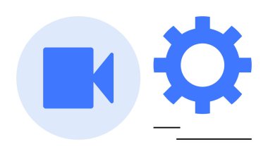 Mavi video kamera simgesi ve vites sembolü, video ayarlarını ve ayarlarını temsil eden, minimal bir şekilde. Kurgu için ideal, video üretimi, film yapımı, yaratıcılık, özel dersler, medya eğitimi. Düz