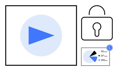 Veri tablosu ve finansal unsurlu mavi oynatma tuşu. Asma kilit güvenli içerik erişimini temsil ediyor. Medya güvenliği, abonelik, mahremiyet, para, koruma, veri, daire sade için ideal