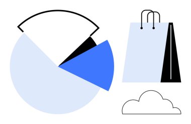 Veri içgörülerini vurgulayan pasta grafiği, e-ticareti simgeleyen alışveriş çantası ve dijital bağlantı için bir bulut. İş, pazarlama, analiz, perakende, strateji, çevrimiçi alışveriş büyümesi için ideal