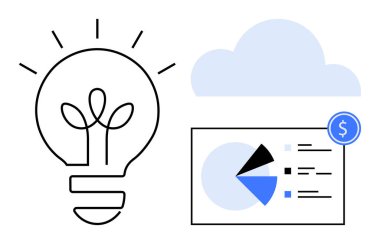 Yenilik için ampul, çevrimiçi veri depolama için bulut, finans sembollü analitik tablo. Teknoloji, yenilik, finans, bulut hesaplama, veri analizi, iş büyümesi dijital için ideal
