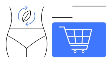 Vücut hatları olan minimalist kompozisyon, yaprak ikonu etrafında dairesel hareket, ve bir alışveriş arabası. Sağlık, sürdürülebilirlik, eko-bilinçli yaşam tarzı, çevrimiçi alışveriş, fitness hedefleri için ideal