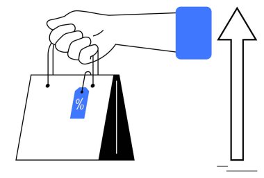 İndirim etiketli el çantası, büyümeyi, pazar eğilimlerini ve satışları simgeleyen yukarı ok işaretinin yanında. Perakende, e-ticaret, indirimler, alışveriş eğilimleri, ekonomik büyüme için ideal
