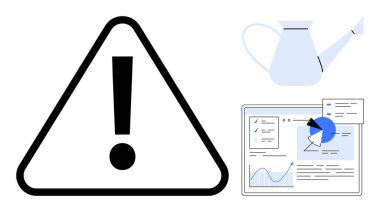 Ünlem işaretli siyah üçgen, mavi sulama kutusu ve ekranda veri tabloları. Uyarı, uyarı, analitik, büyüme, strateji, risk yönetimi için ideal basit iniş sayfası