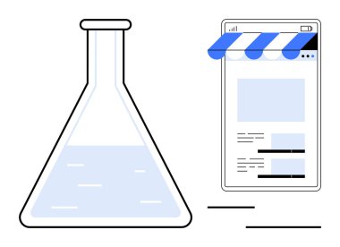 Mobil ekranda dijital vitrinin yanında sıvı bulunan laboratuvar şişesi. Bilim, e-ticaret, yenilik, deney, iş stratejisi, teknoloji ve yaratıcılık için idealdir. Düz basit metafor