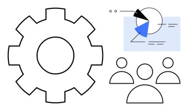İş akışını temsil eden dişli, veri görselleştirmeli pasta grafiği, takım çalışmasını gösteren üç kullanıcı. Takım çalışması, işbirliği, iş akışı, veri analizi, strateji, problem çözme dairesi için ideal