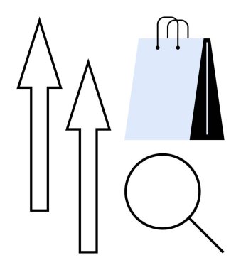 Bir alışveriş çantasının yanında yukarı doğru büyüyen oklar arama, perakende ve e-ticaret eğilimlerini gösteren bir büyüteç olduğunu gösteriyor. İş, alışveriş, analitik, çevrimiçi satış ve arama için ideal