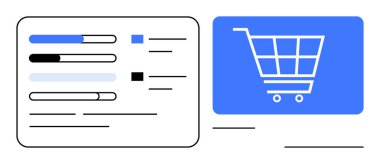 İlerleme çubukları, görev kontrol kutuları ve online alışveriş sürecini temsil eden alışveriş arabası. Ekommerce, iş akışı, görev yönetimi, analitik, UX tasarımı, hedef takibi için ideal düz bir metafor