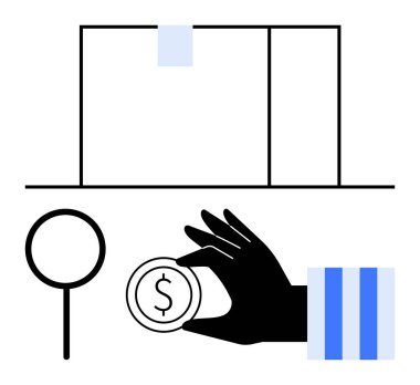 Zarfın yanında elle kavrayan para ve büyüteç finansal işlemleri, değerlendirmeleri veya tasarrufları vurgular. Finans, yatırım, bankacılık, denetim, bütçe ve posta için ideal