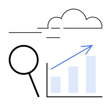 Büyüteç, yükselen çubuk grafiğindeki büyüme eğilimlerini bulutlu bir şekilde tanımlar. Teknoloji, analitik, büyüme, içgörü, araştırma, izleme ve tahmin için idealdir. Düz basit metafor