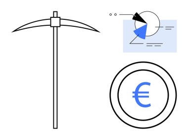 Kazma ve Euro madeni para, analitik haritayla birlikte kripto para madenciliğini sembolize ediyor. Finans, madencilik, kripto para birimi, yatırım, teknoloji, ekonomi ve iş için ideal. Düz basit metafor