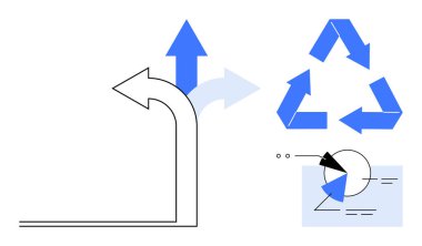 Farklı yönleri gösteren oklar, bir üçgen geri dönüşüm döngüsü ve üzerinde analitik olan bir pasta tablosu. Karar verme, sürdürülebilirlik, navigasyon, süreç akışı, strateji, ilerleme analizi için ideal