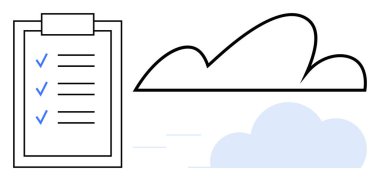 Bulut ve ışık hareket çizgilerinin yanında işaretli nesnelerin yer aldığı kontrol listesi. Üretkenlik, planlama, bulut servisi, veri depolama, iş akışı, hedefler için ideal dijital çözümler. Düz basit metafor