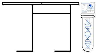 Laboratuvar masası çerçevesi, üzerinde DNA ipliği olan test tüpü, veri analiz çizelgesi. Biyoteknoloji, genetik, bilim araştırması, BTMM eğitimi, yenilik, sağlık hizmetleri sade iniş için ideal