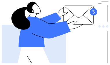 Elinde bir zarf ve bir de uyarı rozeti tutan kadın figürü. İletişim, e-posta, mesaj, bildirim, teknoloji, takım çalışması için ideal, düz basit metafor