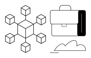 Geometrik engelleme zinciri kümesi, bir iş çantası ve minimalist bulut çizgisi. Engelleme zinciri, teknoloji, iş stratejisi, ağ oluşturma, bulut hesaplama, yenilik ve dijital için ideal