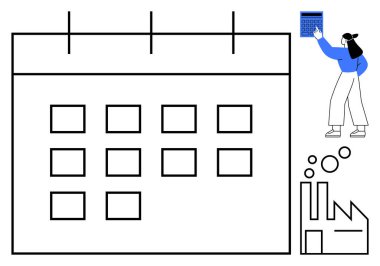 Büyük boy takvim ızgarasının yanında duran kadın planlama yapıyor. Program, zaman yönetimi, verimlilik, organizasyon, teslim tarihleri, etkinlik planlaması, takım koordinasyonu için ideal. Düz