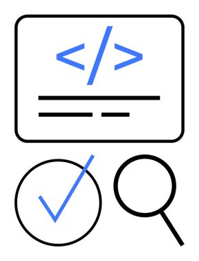 Kod denetimi, hata ayıklama ve doğrulamayı sembolize eden büyüteç üzerindeki bir kutunun içindeki kodlama etiketi. Web geliştirme, test, kalite güvencesi, programlama ve analitik için ideal