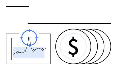 Veri noktalarının olduğu çizelge ve hedef para yığınının yanında. Finans, iş stratejisi, yatırım, kâr, analitik, büyüme ve başarı için ideal. Soyut çizgi düz metafor