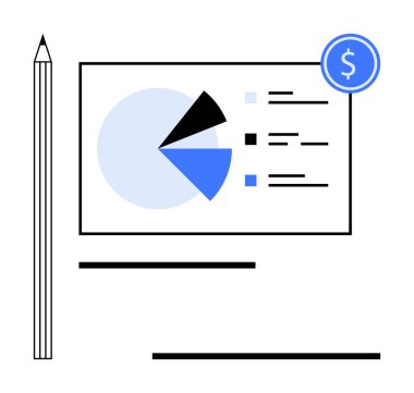 Verili pasta tablosu, yanında kalem ve finansal planlamayı temsil eden dolar simgesi. İş, veri analizi, finans, strateji, eğitim ve araştırma için ideal. Düz basit metafor