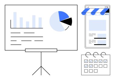 Bar grafiği ve pasta grafiği olan sunum tahtası, e-ticareti vurgulayan mobil mağaza önü ve tamamlanmış görevleri olan takvim kontrol listesi. İş analizi, planlama, e-ticaret, strateji için ideal