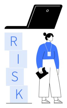 Profesyonel bir kadın RISK desteli mektup blokları ve dizüstü bilgisayarın yanında bir pano tutuyor. İş stratejisi, karar verme, risk yönetimi, işyeri eğitimi, kurumsal büyüme, yenilik için ideal