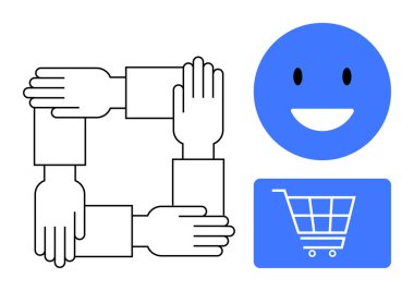 Birbirine bağlı eller takım çalışmasını sembolize eder, pozitiflik için mavi gülen yüz, e-ticaret için alışveriş arabası. Takım çalışması, işbirliği, toplum, pozitiflik, iş, çevrimiçi alışveriş dairesi için ideal
