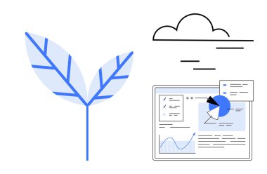 Yaprak silueti, bulut ve çizelge ve şemalarla birlikte analitik gösterge paneli. Sürdürülebilirlik, ekoloji, yenilik, iş anlayışı, teknoloji, çevresel etki basit iniş sayfası için ideal