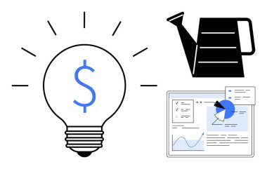 Dolar sembollü ampul, sulama kutusu ve tablet ekranında veri tablosu. Girişimcilik, yatırım, mali planlama, yenilik, iş stratejisi, pazarlama için ideal