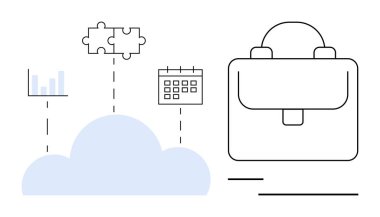 Çubuk grafiğe, bulmaca parçalarına ve veri, işbirliği ve zamanlamayı temsil eden takvime olan bulut bağlantıları. Yakınlardaki evrak çantası iş bütünleşmesini simgeliyor. Teknoloji ve verimlilik için ideal